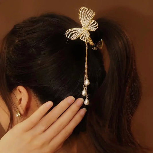 Butterfly Diamond Tassel Horsetail Hair Clip