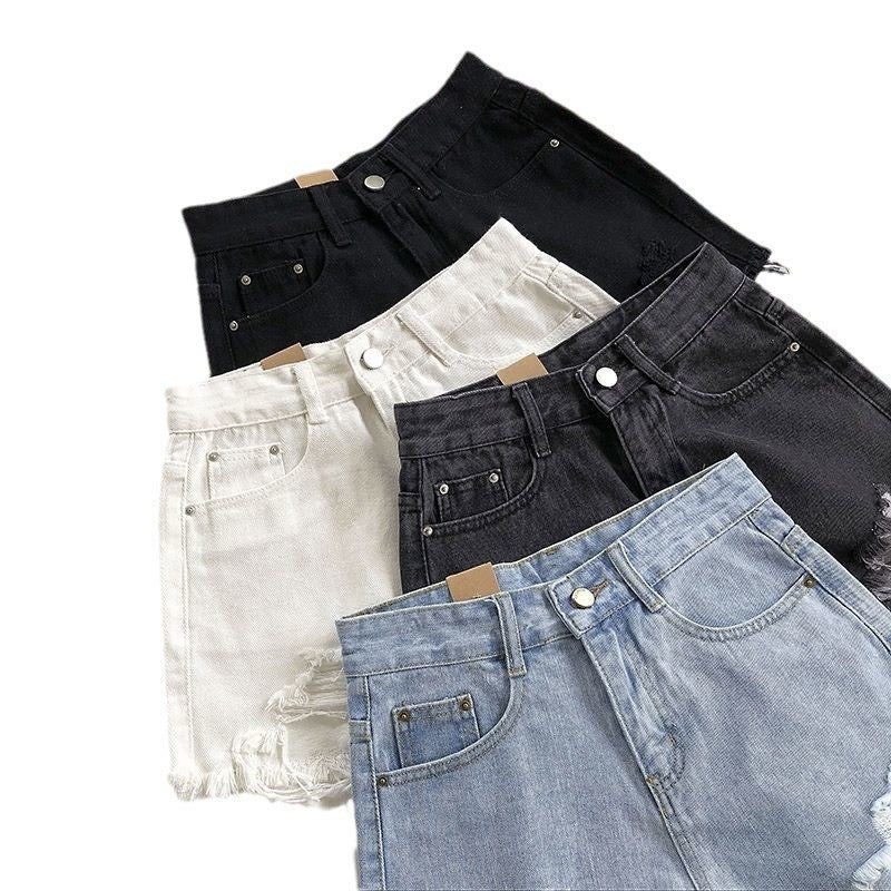 Denim Shorts Women's High Waist Loose Hole Wide Leg