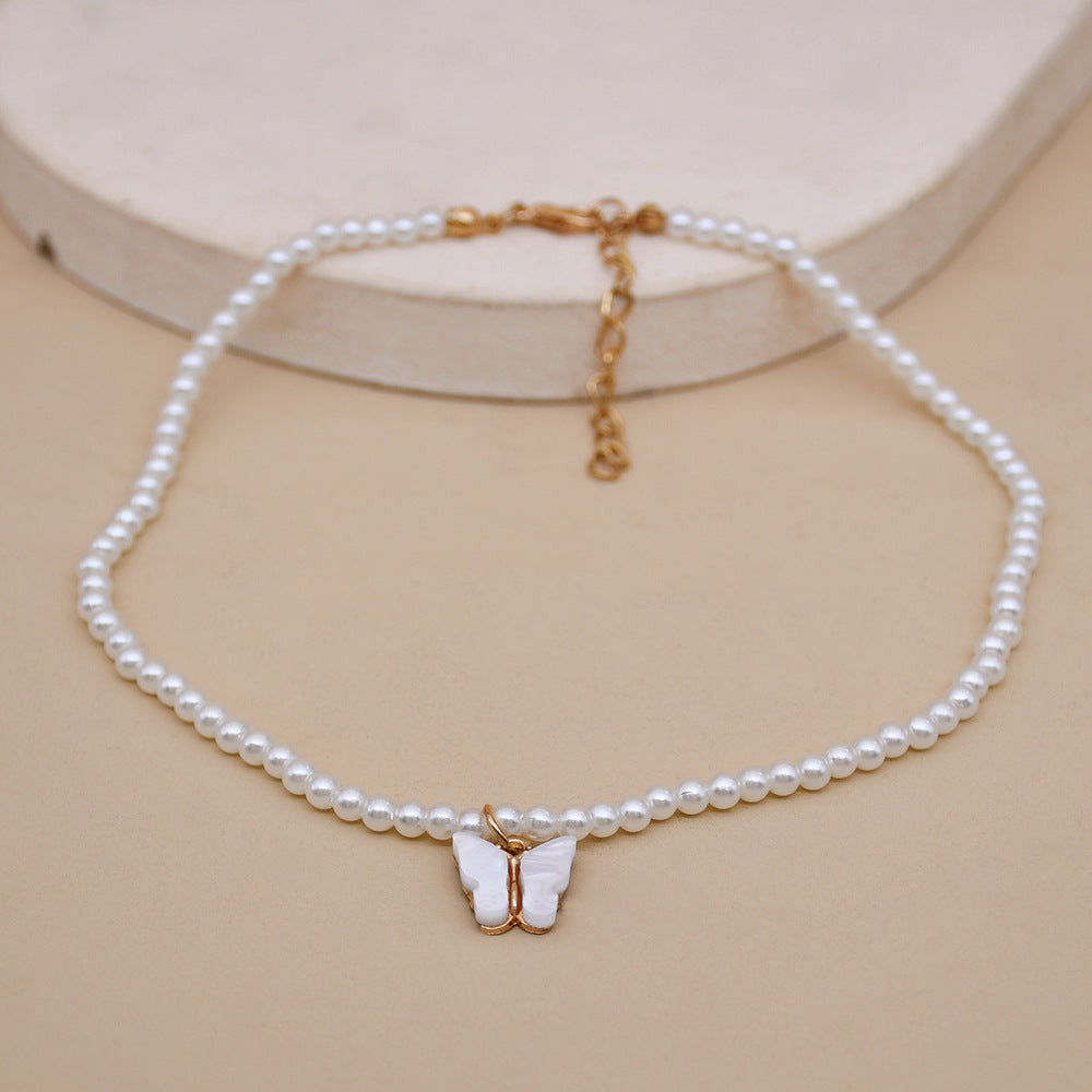 White Pearl Choker Butterfly Necklace For Women
