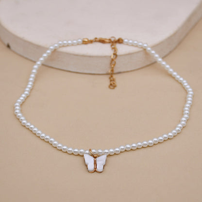 White Pearl Choker Butterfly Necklace For Women