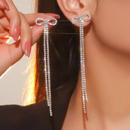 Women's Bridal Silver Bow Rhinestone Women's Pendant Earrings