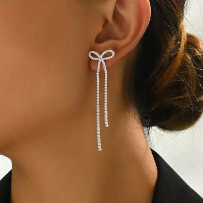 Women's Bridal Silver Bow Rhinestone Women's Pendant Earrings