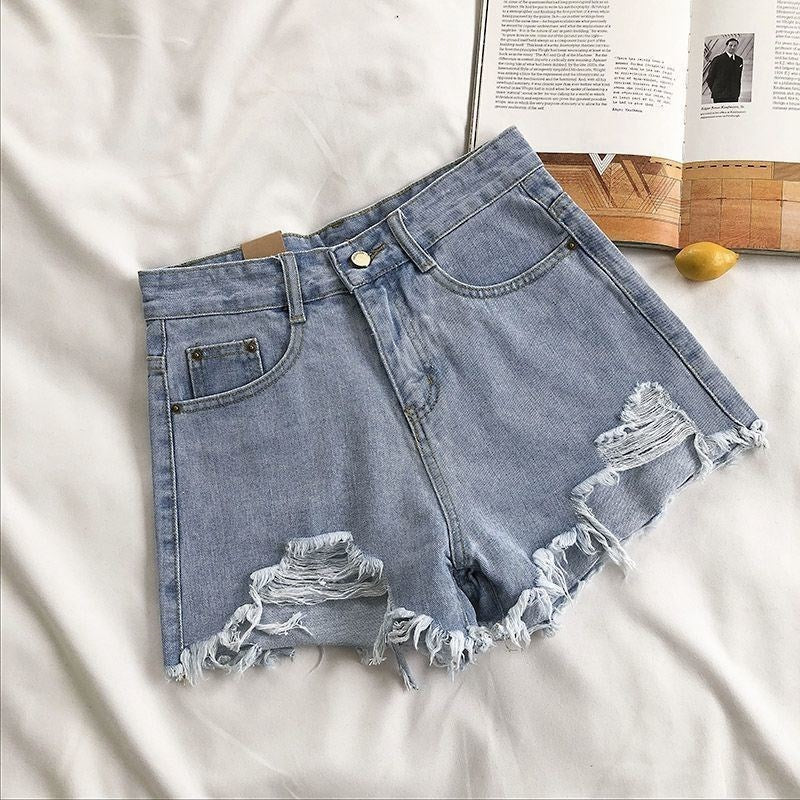 Denim Shorts Women's High Waist Loose Hole Wide Leg