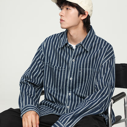 Retro Washed Striped Long Sleeve Denim Shirt