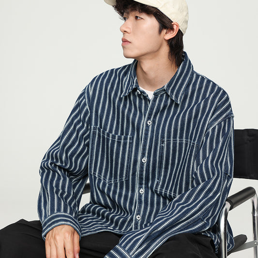 Retro Washed Striped Long Sleeve Denim Shirt
