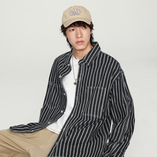 Retro Washed Striped Long Sleeve Denim Shirt