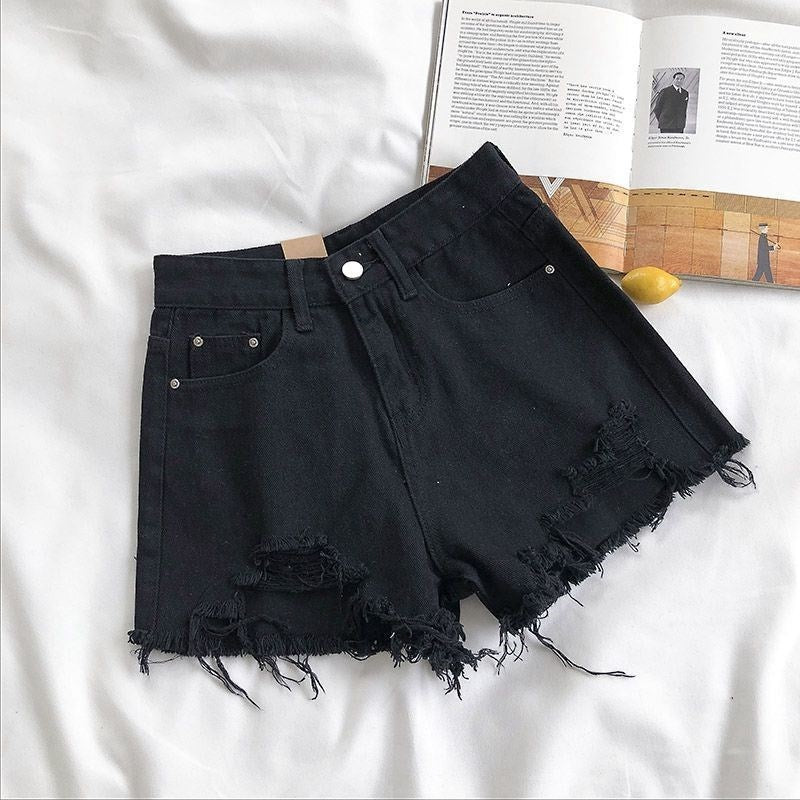 Denim Shorts Women's High Waist Loose Hole Wide Leg