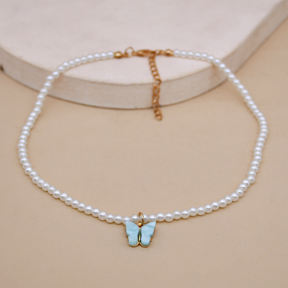 White Pearl Choker Butterfly Necklace For Women