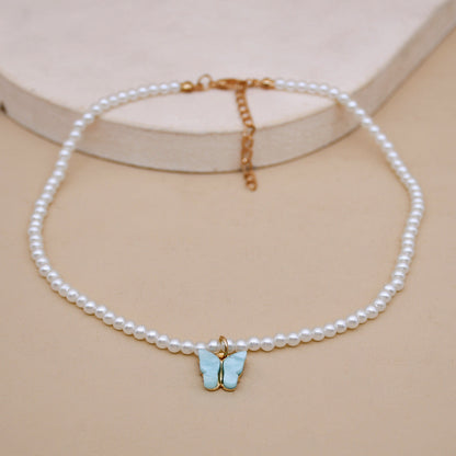 White Pearl Choker Butterfly Necklace For Women